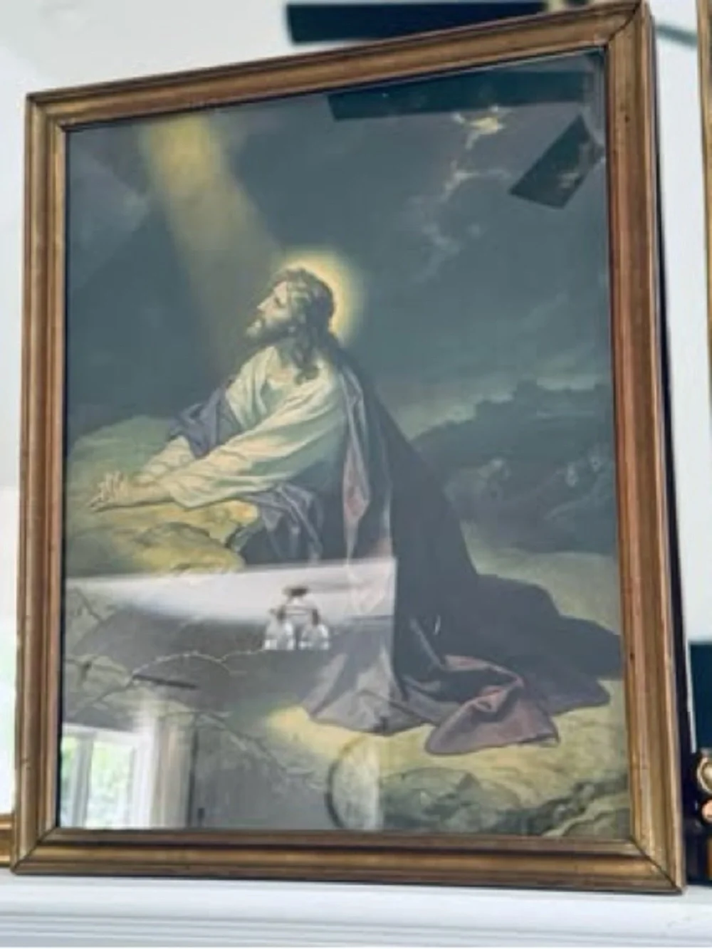 Vintage Jesus in the Garden of Gethsemane. beautiful frame and print. 1940's.